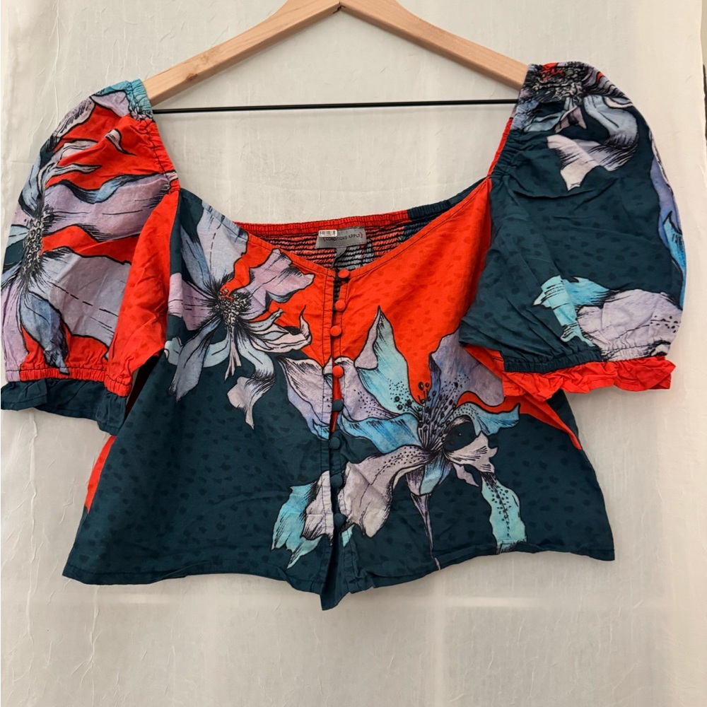 Anthropologie Crop Floral Puff Sleeve Blouse
